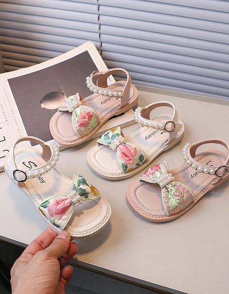 Flower Embroidered Pearl Strap Sandals