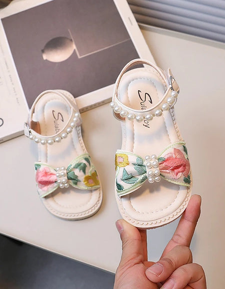 Flower Embroidered Pearl Strap Sandals