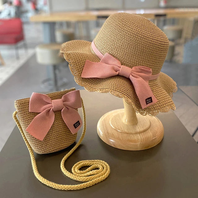 Bow Detailed Straw Hat And Bag Set