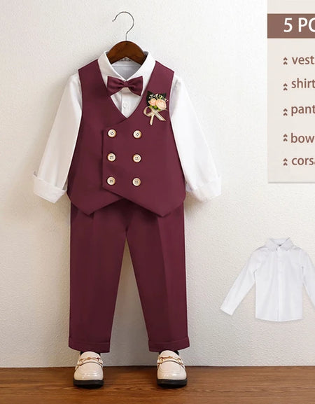 Boys Pant, Shirt, Vest Coat& Bowtie Suit Set with Boutonniere