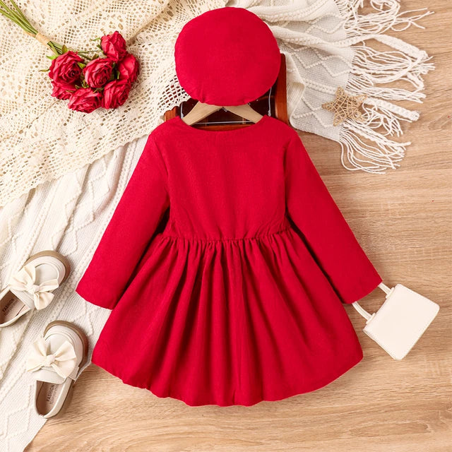 Pleated Bowknot Long-Sleeved Dress With Beret Set.