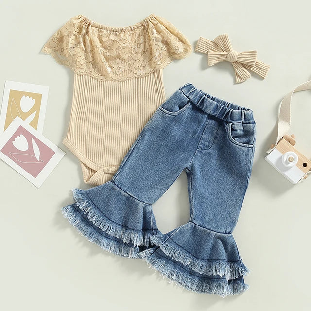 Baby Girl Romper Top, Flared Jean And Headband Set.