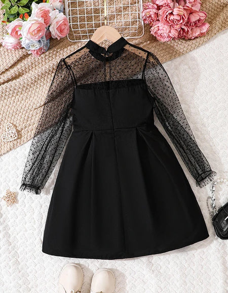 Toddler Girls' Polka Dot Sheer Long-Sleeved Pleated Bow Dress