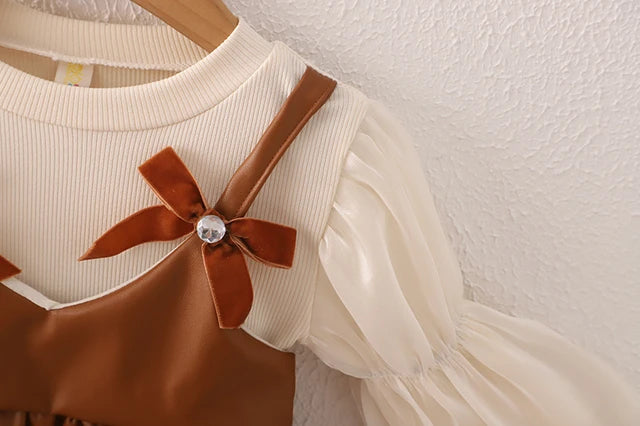 Puffsleeve Mockneck Leather Strap Bowknot  Dress