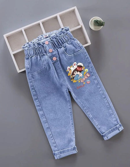 Button Detail Paperbag Waist Cartoon Print Denim Pant
