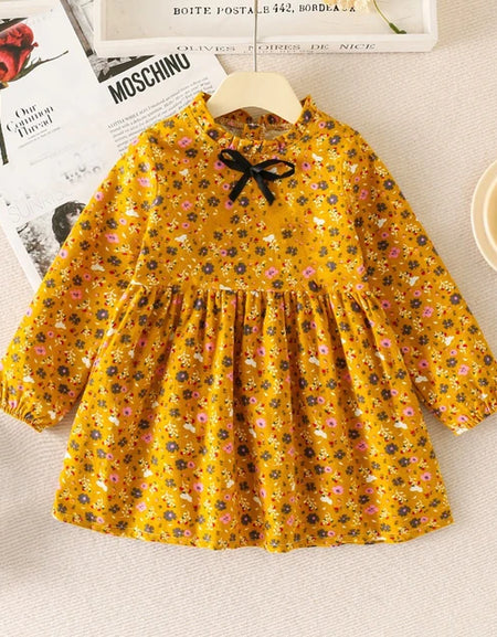 Floral Print Crew Neck Pleated Long-Sleeved Gown.