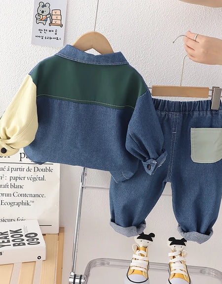 Boys Patchwork 2Piece Denim Jacket & Trouser Set.