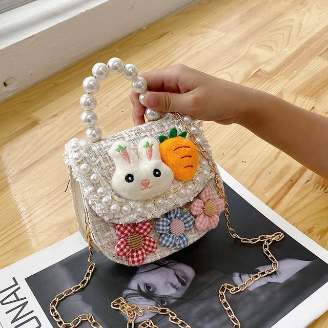 Cute Bunny with Carrot Tweed Pearl Handle Mini Bag