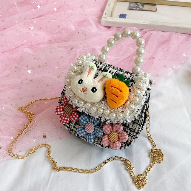 Cute Bunny with Carrot Tweed Pearl Handle Mini Bag