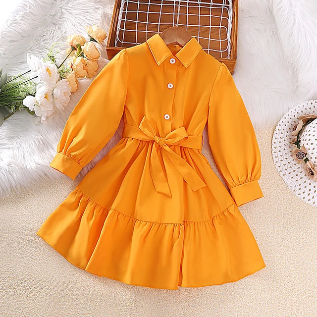 Girls' Solid Collar Long Sleeve Ruffle Hem Belted Shirt Dress.