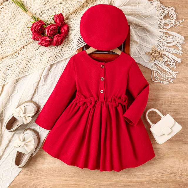 Pleated Bowknot Long-Sleeved Dress With Beret Set.
