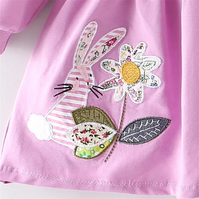 Pleated Bunny Embroidered Long-Sleeved Dress.