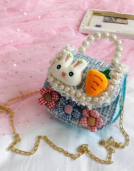 Cute Bunny with Carrot Tweed Pearl Handle Mini Bag