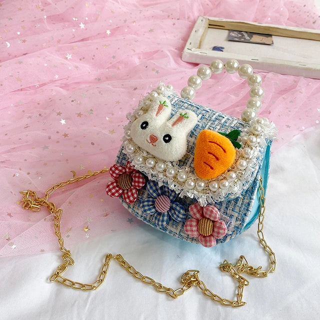 Cute Bunny with Carrot Tweed Pearl Handle Mini Bag