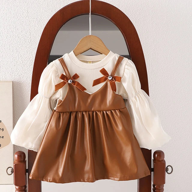 Puffsleeve Mockneck Leather Strap Bowknot  Dress