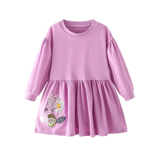 Pleated Bunny Embroidered Long-Sleeved Dress.