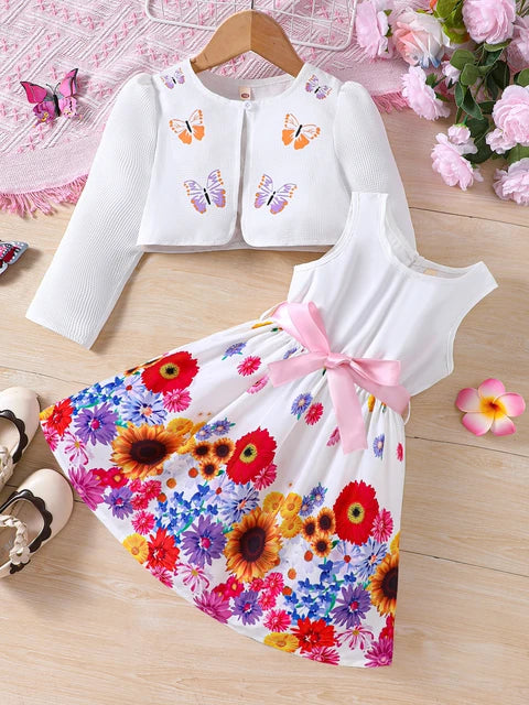 Floral Print Sleeveless Dress and Waffle Jacket Set