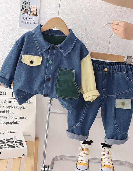 Boys Patchwork 2Piece Denim Jacket & Trouser Set.