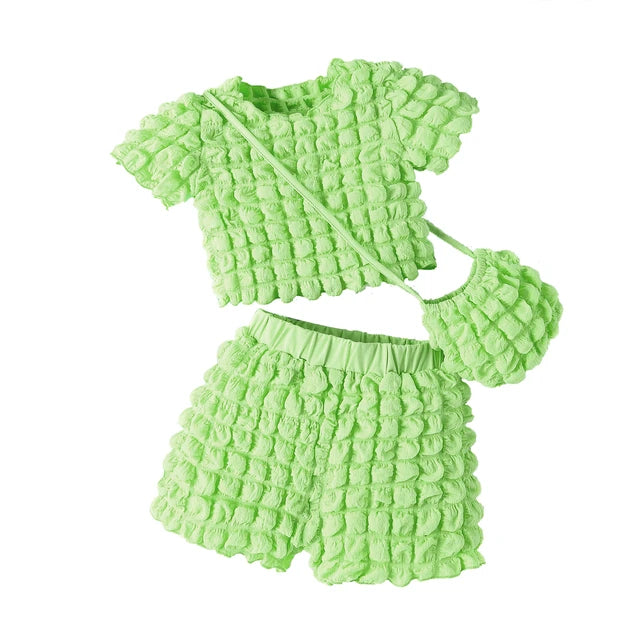 Bubble Textured Top and Shorts Set with Bag