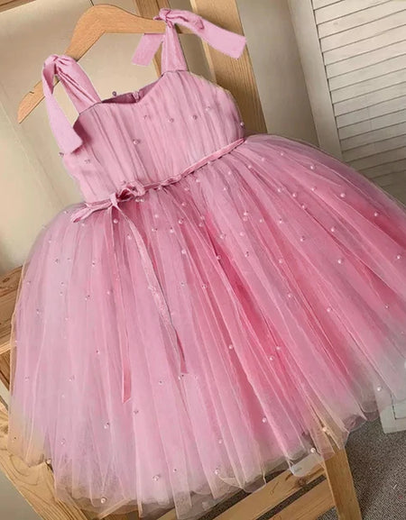 Elegant Pearl Studded Knot Sleeve Tulle Dress