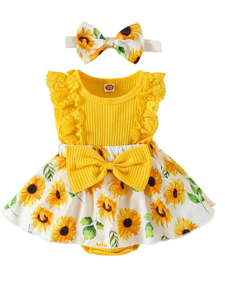 Princess Flower Print Romper Dress With Headband.