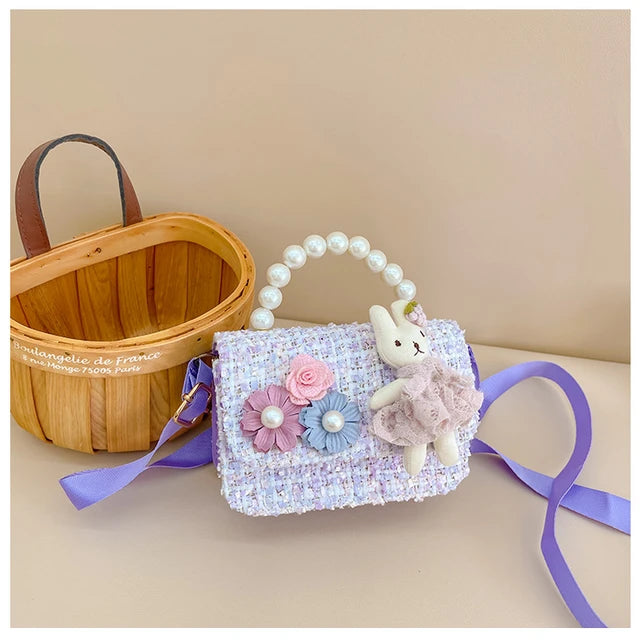 Tweed Bunny Pearl Handle Mini Square Bag
