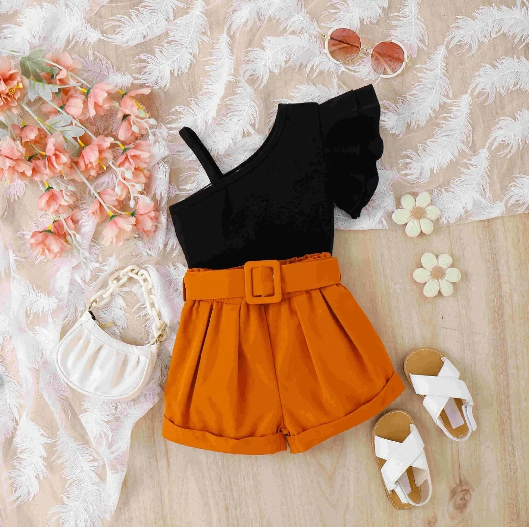 Monostrap Tee and Trendy Belted Shorts Set