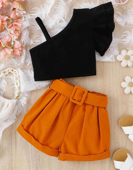 Monostrap Tee and Trendy Belted Shorts Set