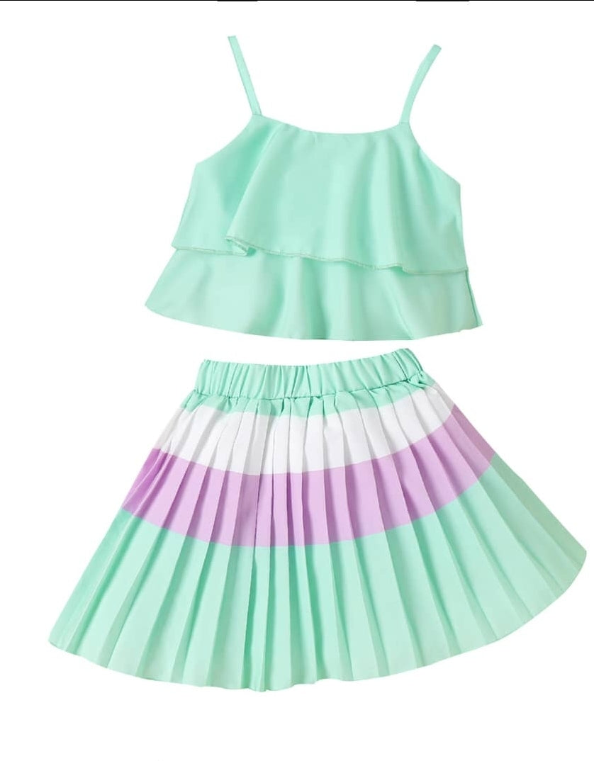 Pleated Colorblock Skirt & Layered Cami Top Set