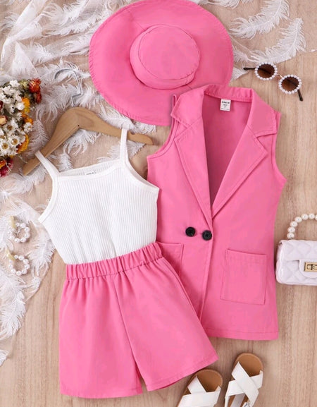 Sleeveless Lapel Neck Blazer, Cami Top, Shorts & Hat Set