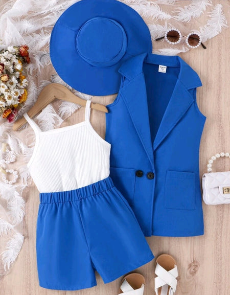 Sleeveless Lapel Neck Blazer, Cami Top, Shorts & Hat Set