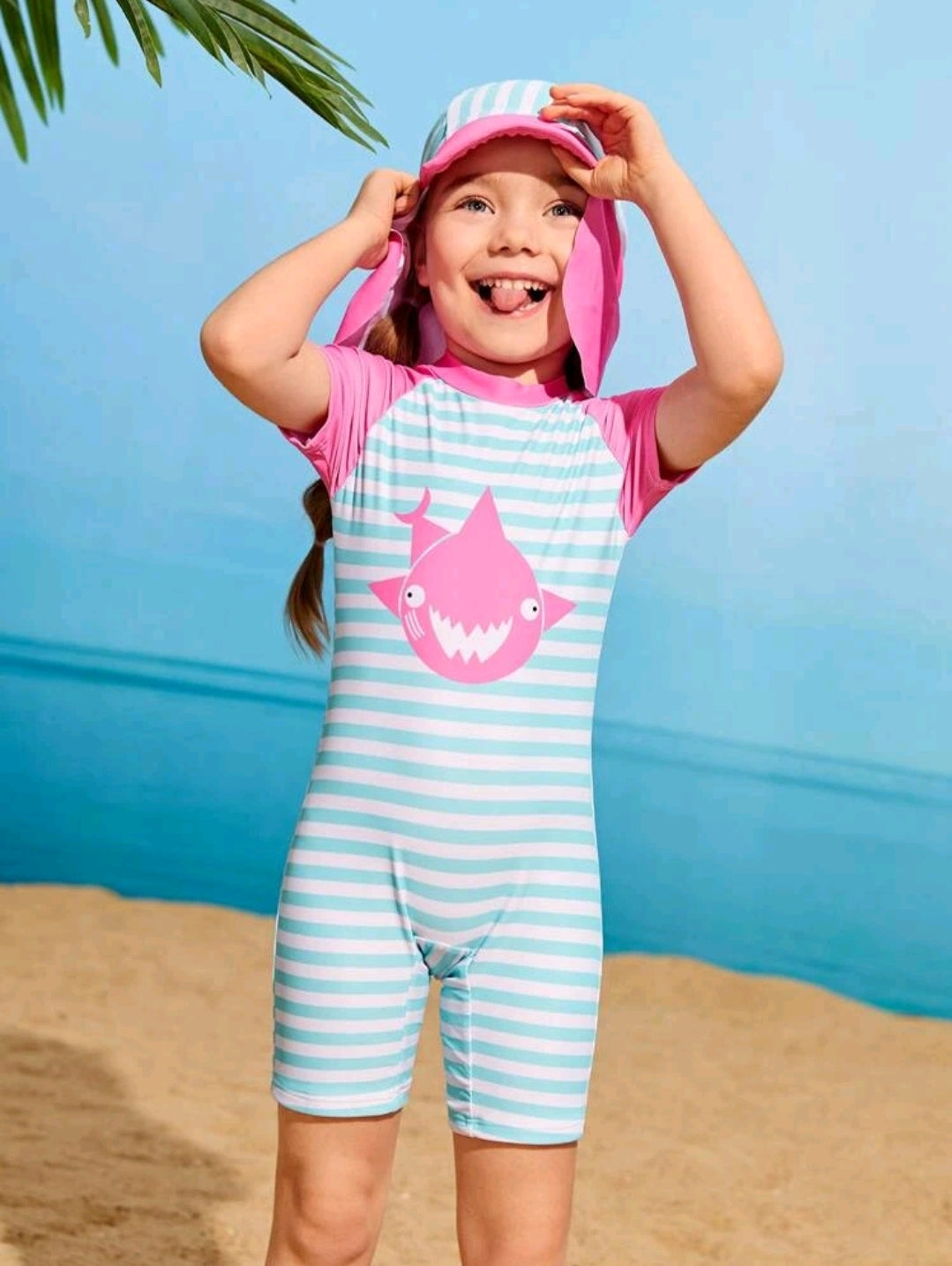 Striped Shark Print Onepiece Swimsuit with Cap
