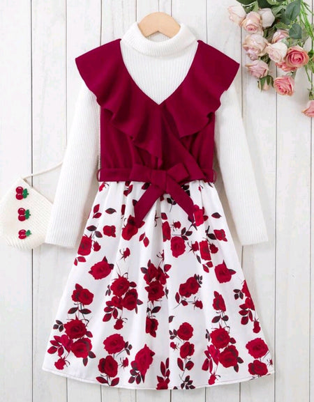 Flowery Ruffle Trim Belt Wrap Dress