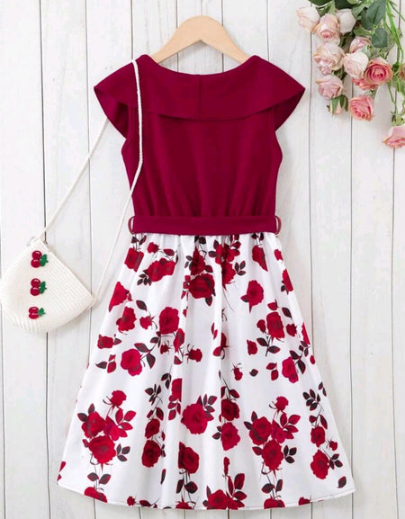 Flowery Ruffle Trim Belt Wrap Dress