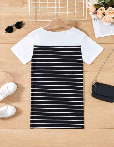 French Striped Mix Match Dress with Button Detail