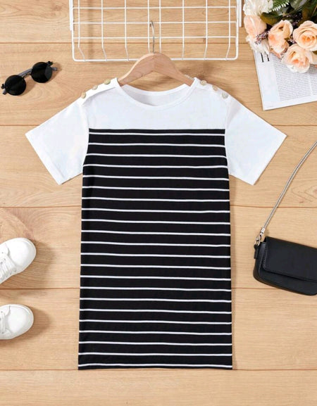 French Striped Mix Match Dress with Button Detail