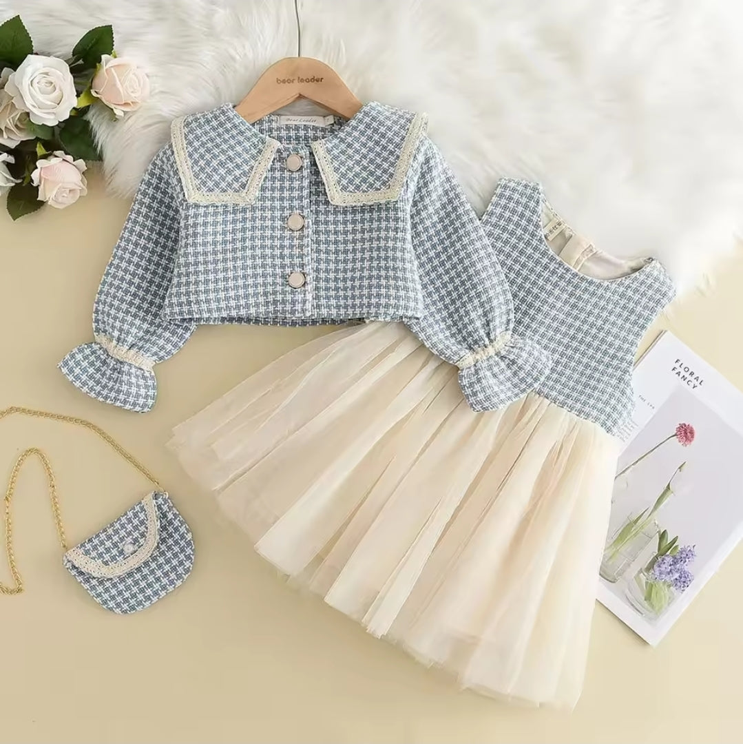 3Piece Tulle Dress & Houndstooth Jacket Set