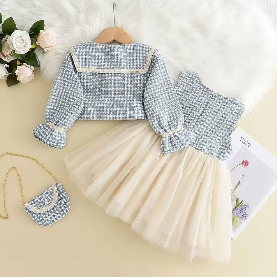 3Piece Tulle Dress & Houndstooth Jacket Set