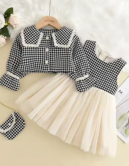 3Piece Tulle Dress & Houndstooth Jacket Set