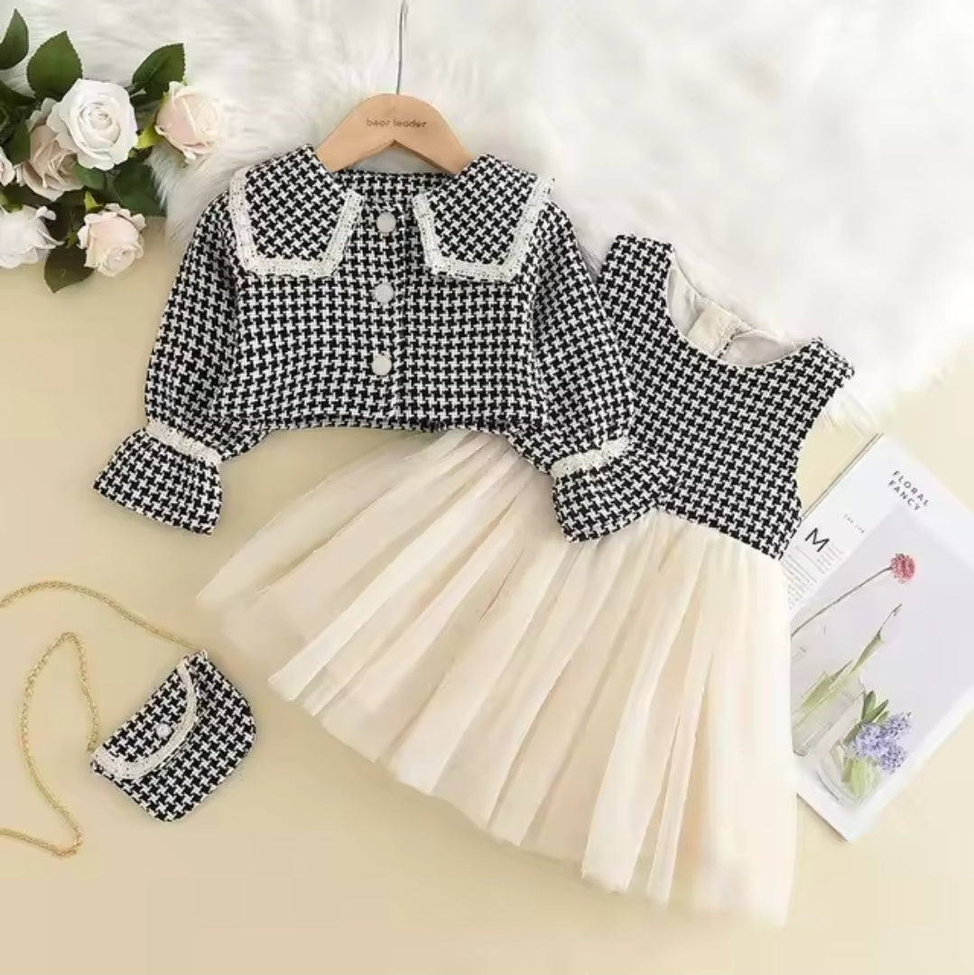 3Piece Tulle Dress & Houndstooth Jacket Set