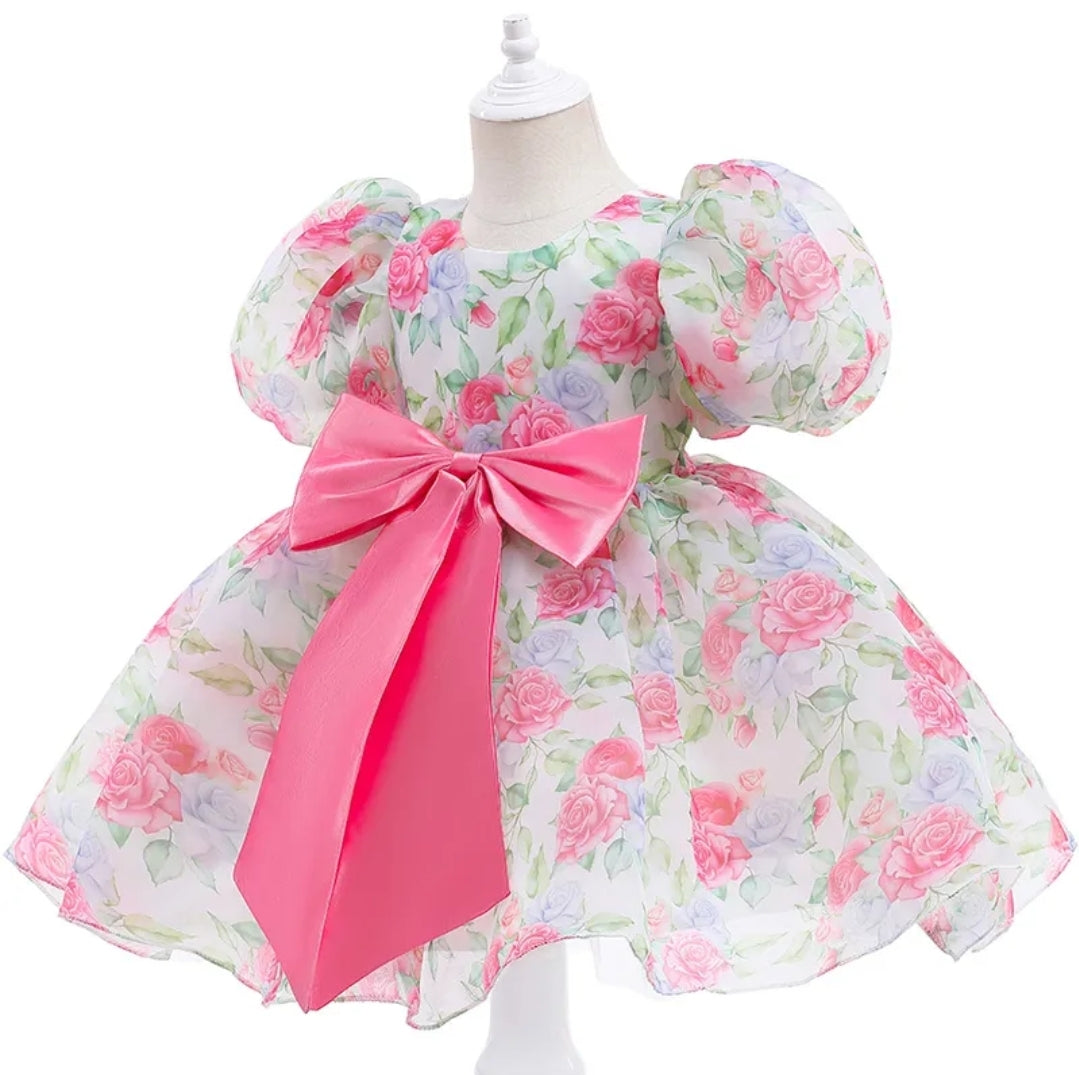 Flowery Pleated Ball Gown with Bow Detail.