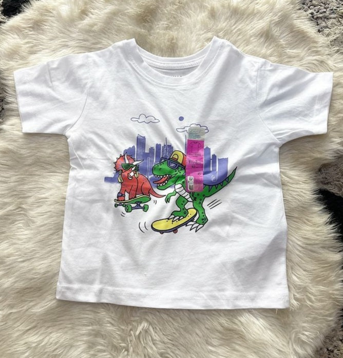 Primark Unisex White Dinosaur Printed T-Shirt