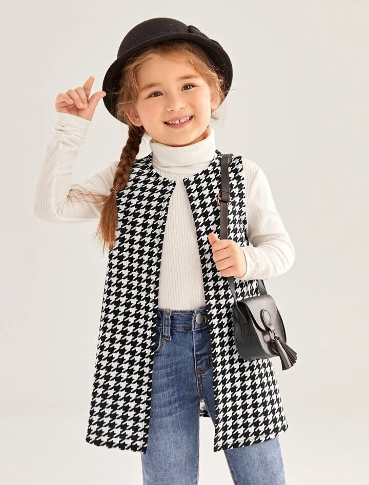 Hounds tooth Print Sleeveless Open Front Vest Coat