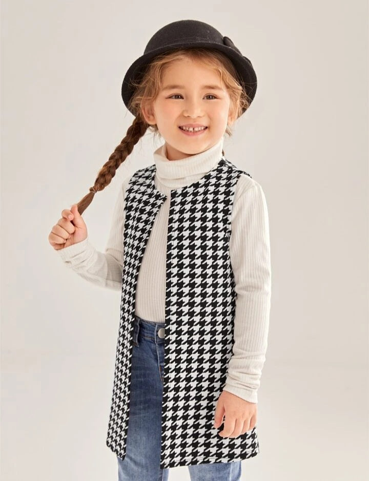 Hounds tooth Print Sleeveless Open Front Vest Coat