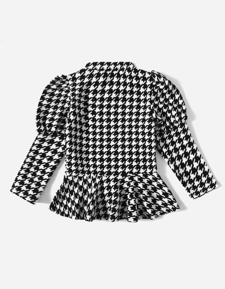 Houndstooth Print Puffsleeve Peplum Top