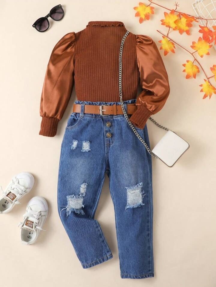 Girls' Mock Neck Puff-Sleeve Top & Ripped Frayed Jeans Set.