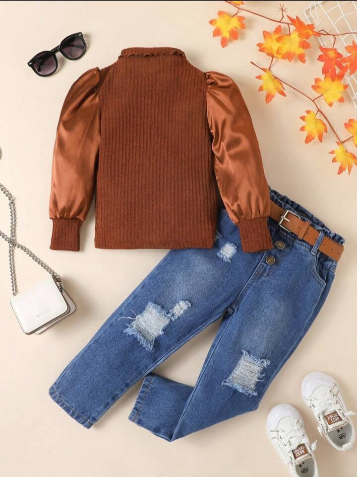 Girls' Mock Neck Puff-Sleeve Top & Ripped Frayed Jeans Set.