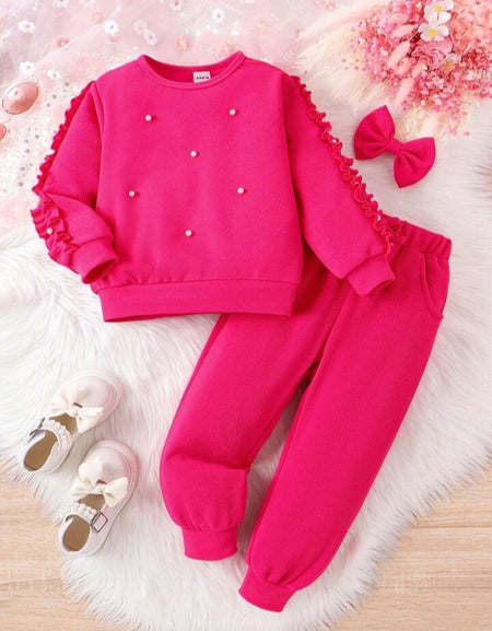 Girls' Pearl Beaded Ruffle Trim Sweatshirt & Pant Set.