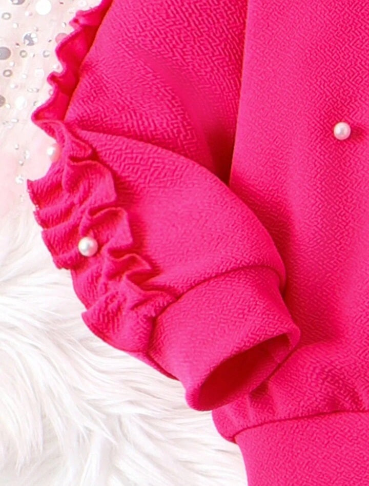 Girls' Pearl Beaded Ruffle Trim Sweatshirt & Pant Set.