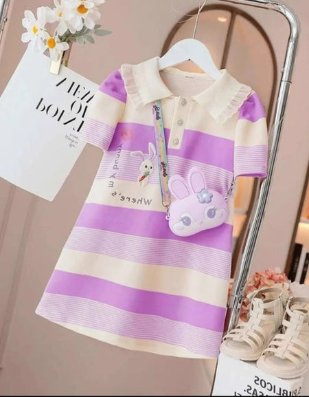 Toddler Girls' Two Tone Striped Half Button Polo Dress with Bag